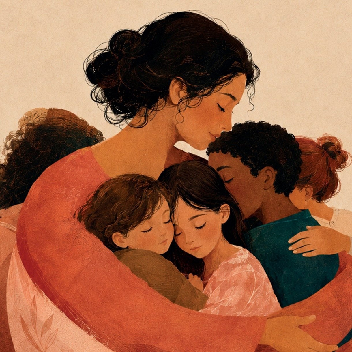 Ilustração da capa: mãe abraçando os filhos de olhos fechados